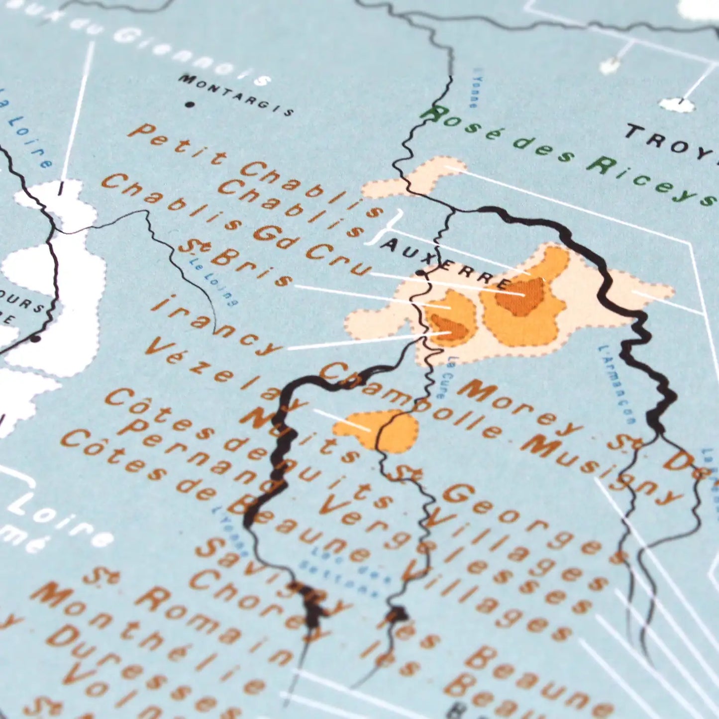 Détails de la carte oenologique grand format présentant les vignobles français AOP et AOC par les Ateliers Mulkographiques