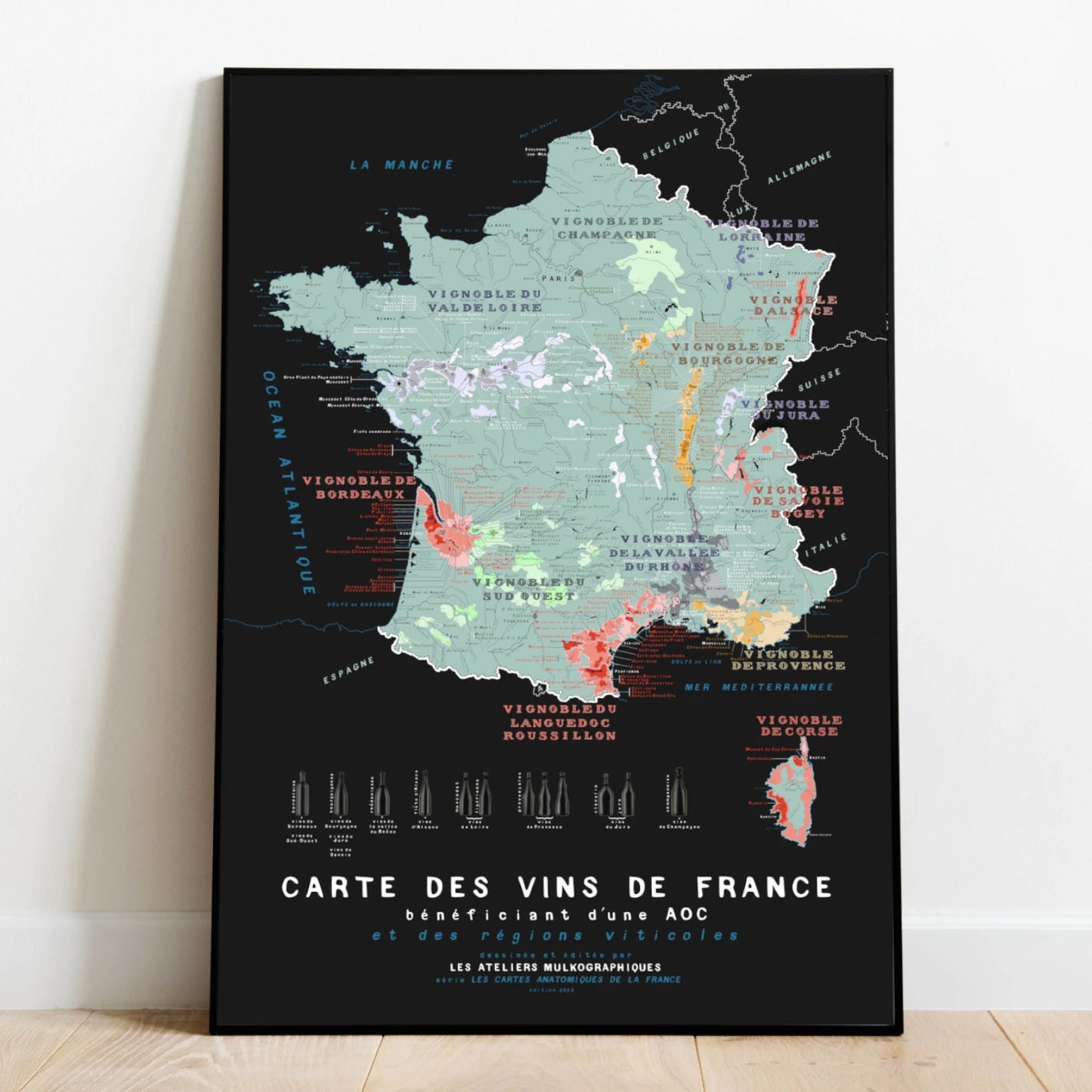Carte des vins de France détaillée avec les AOP et AOC en 70x100cm par l'Ateliers Mulkographique