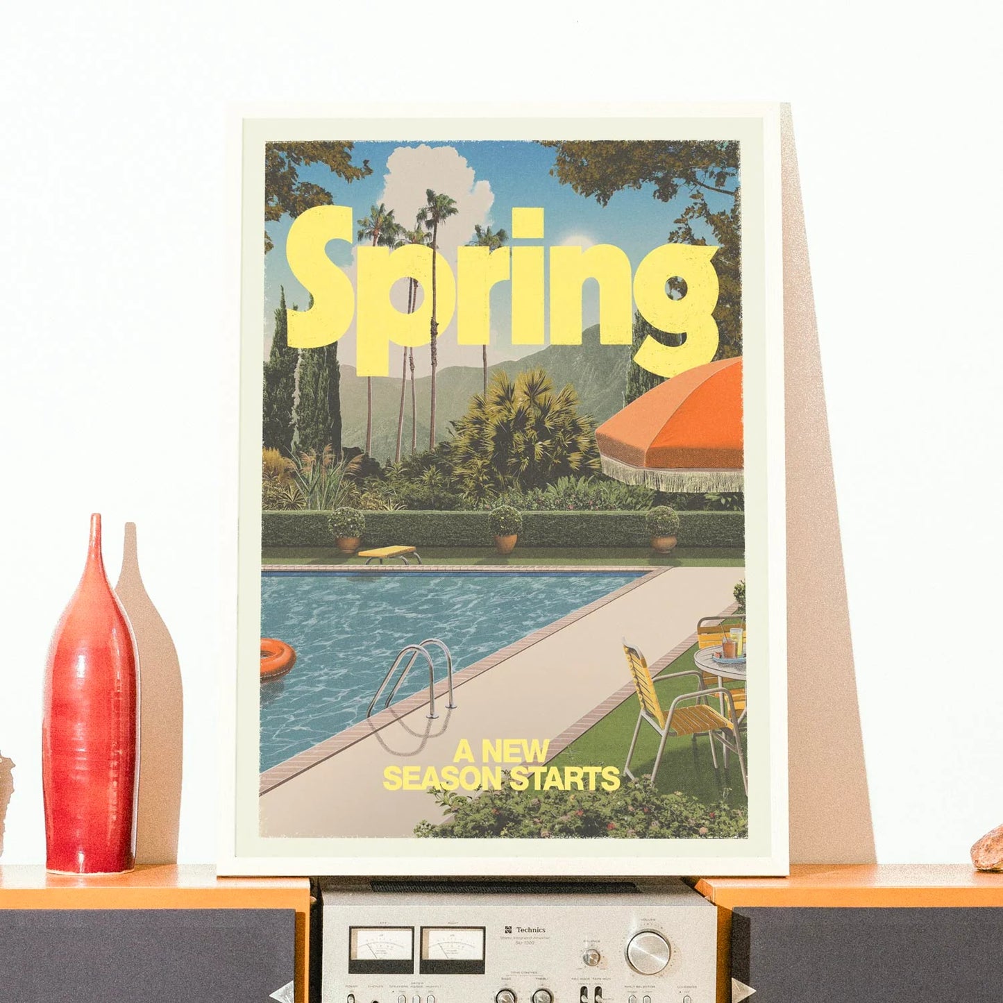 Affiche décorative Spring, illustration représentant une piscine et des palmiers en californie par le Studio Dear Bill