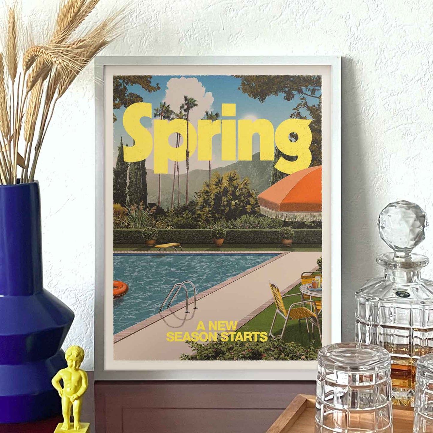 "Spring" Illustration d'une piscine dans un jardin en Californie au printemps par le studio Dear Bill