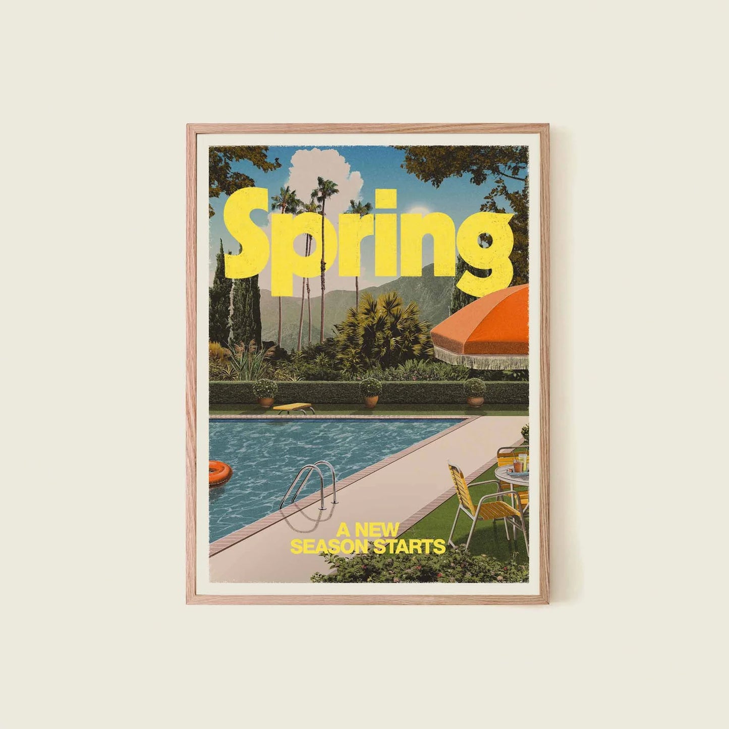 Encadrement de l'affiche Spring par le Studio Dear Bill, représentation d'une piscine et de palmiers dans un jardin en Californie.