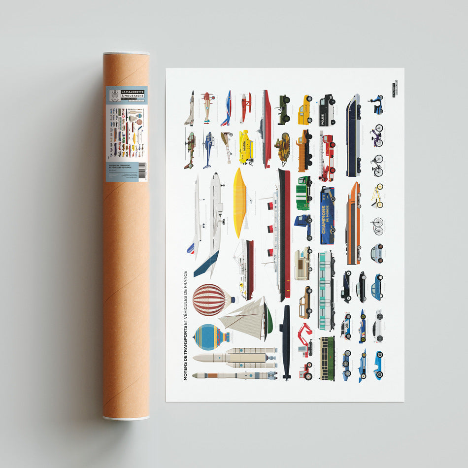 Affiche décorative pour enfant représentant des trains, fusées, sous marins et voiture