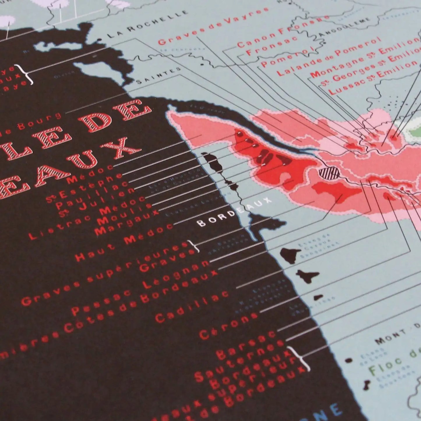 Détails des AOP et AOC des vignobles de Bordeaux sur l'affiche des vins de France 70x100cm des Ateliers Mulkographiques