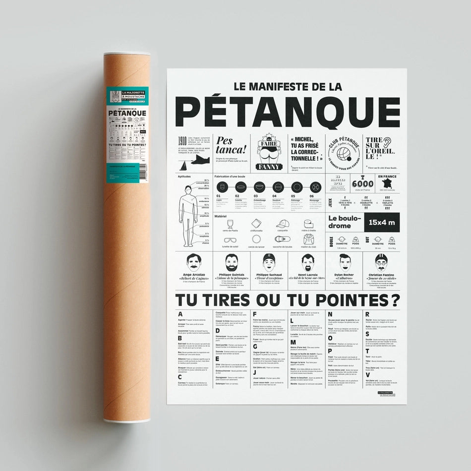 Affiche le Manifeste de la pétanque en 50x70cm par La Majorette à Moustache déroulé à côté de son tube de transport.