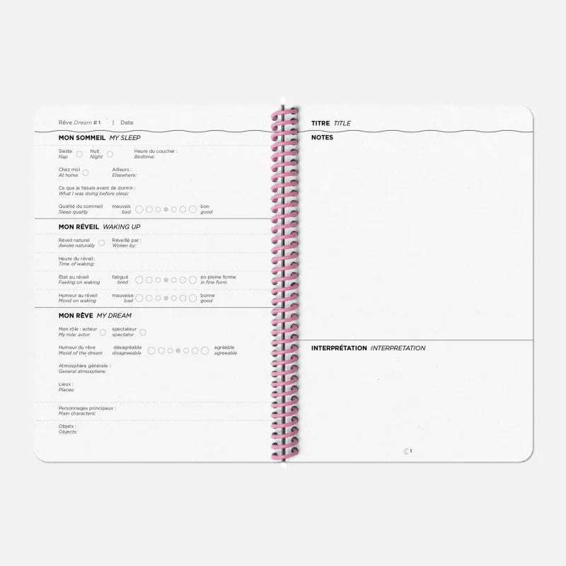 Intérieur du carnet de rêves format A5 de la maison parisienne Papier Tigre, des pages pour noter vos rêves chaque jours