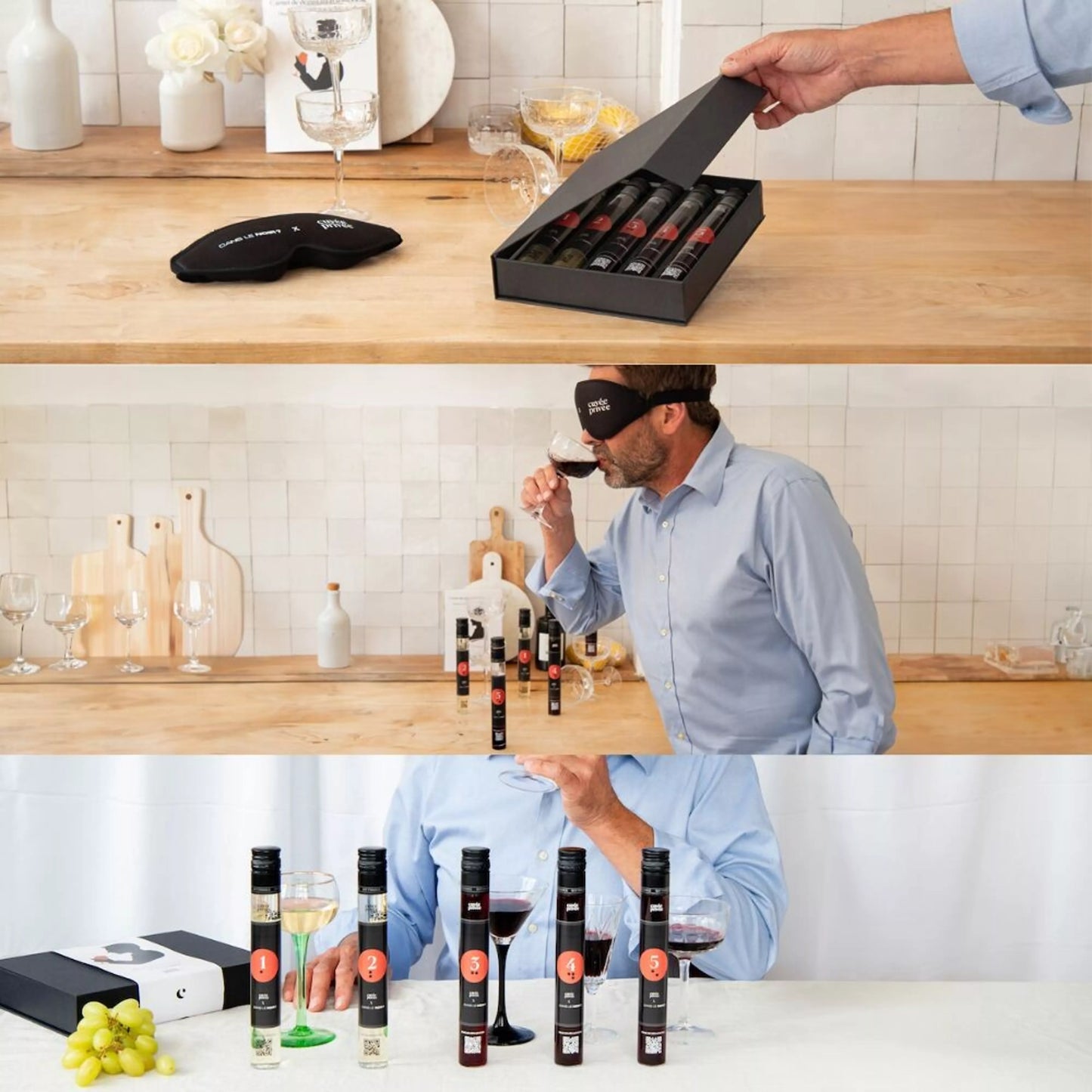 Les trois étapes de la dégustation de vin à l'aveugle par Cuvée Privée : la dégustation à l'aveugle, la dégustation à la lumière puis la découverte des étiquettes