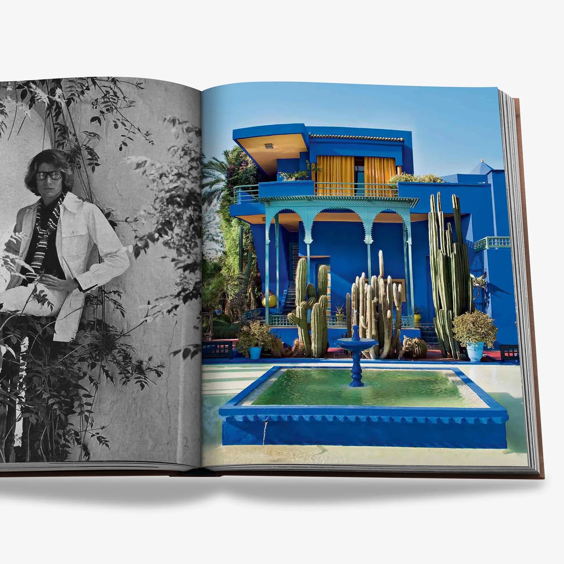 Détails d'une photographie représentant Yves Saint Laurent et le Jardin Majorelle dans le livre Assouline Marrakech Flair