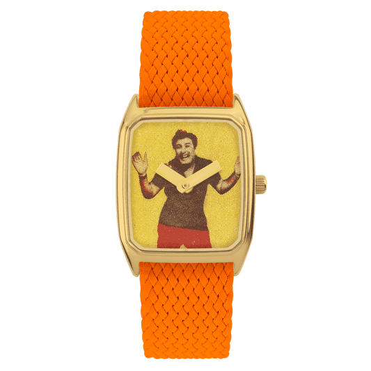 Gros plan de la Montre LAPS Signature Indian Style avec son Bracelet Perlon Orange