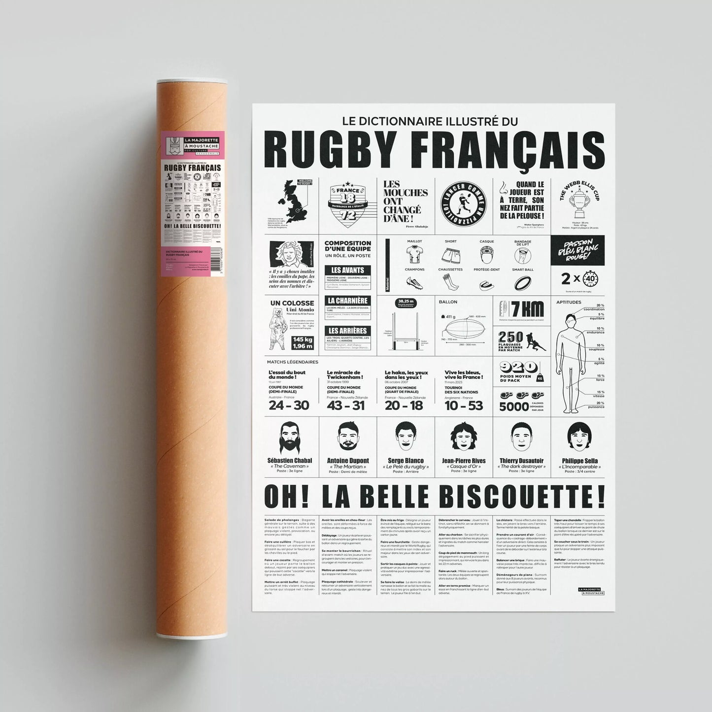 Affiche le dictionnaire illustré du rugby français par la Majorette à Moustache déroulée et posée à côté de son tube de transport.