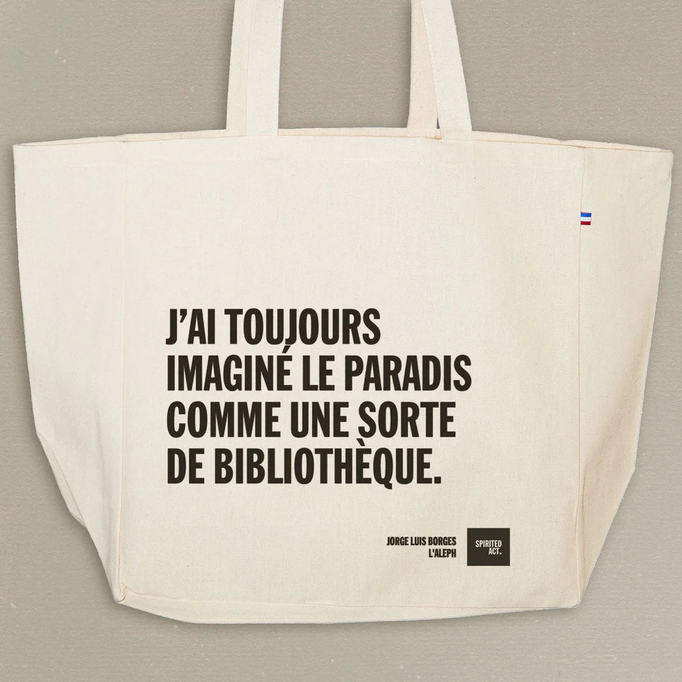 Tote bag citation Jorge Luis Borges L'Aleph, fabriqué en France en coton bio.
