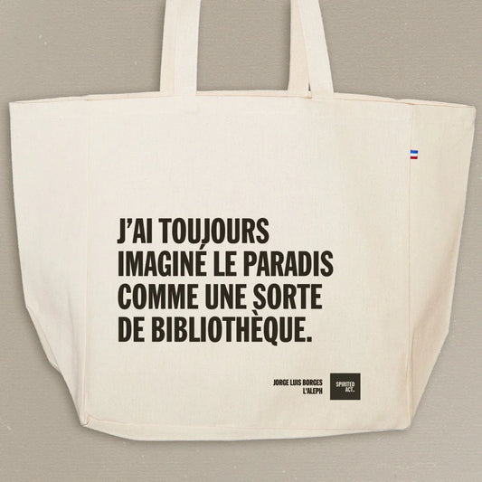 Tote bag citation Jorge Luis Borges L'Aleph, fabriqué en France en coton bio.