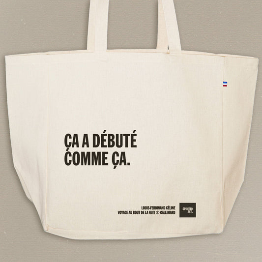 Sac cabas en coton fabriqué en France imprimé avec une citation du Voyage au bout de la nuit de Louis-Ferdinand Céline