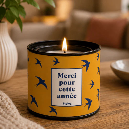 Bougie parfumée avec le message "merci pour cette année" cadeau idéal pour les maîtresses