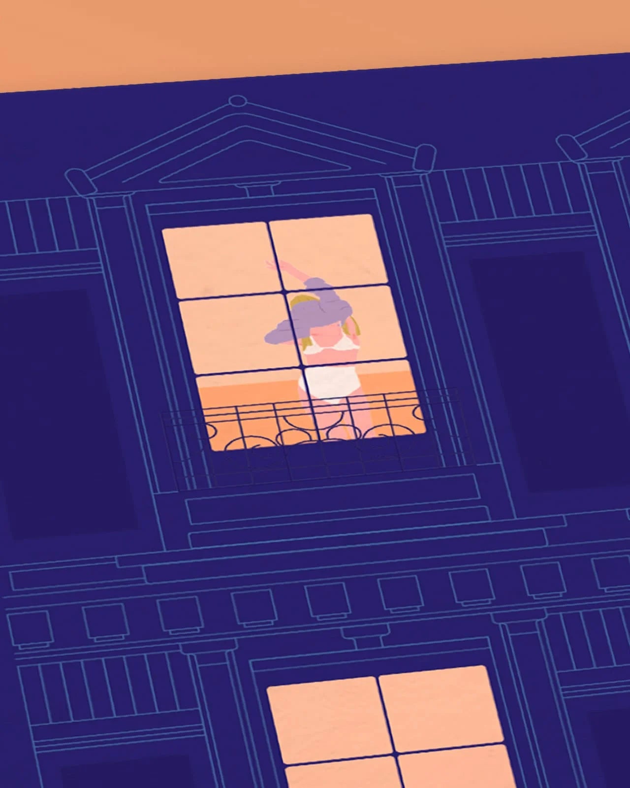 Studio Topo Affiche "Rendez-vous galant" détails du graphisme montrant une femme à la fenêtre de son appartement