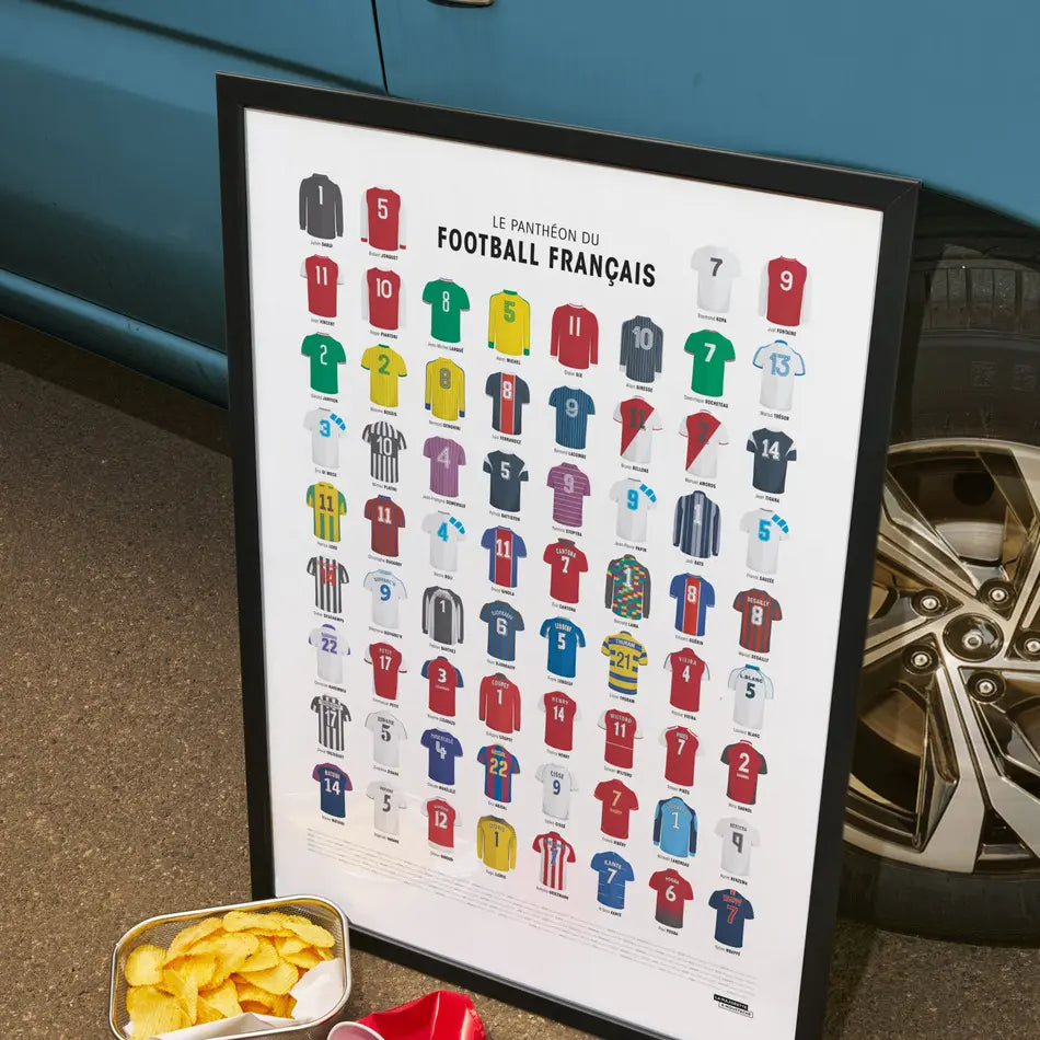 Affiche le Panthéon du Football français par La Majorette à Moustache dans un cadre noir