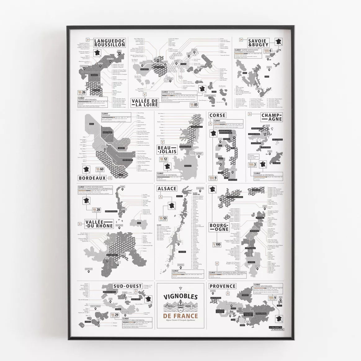 Infographie de 50x70cm représentant les différents vignobles de France