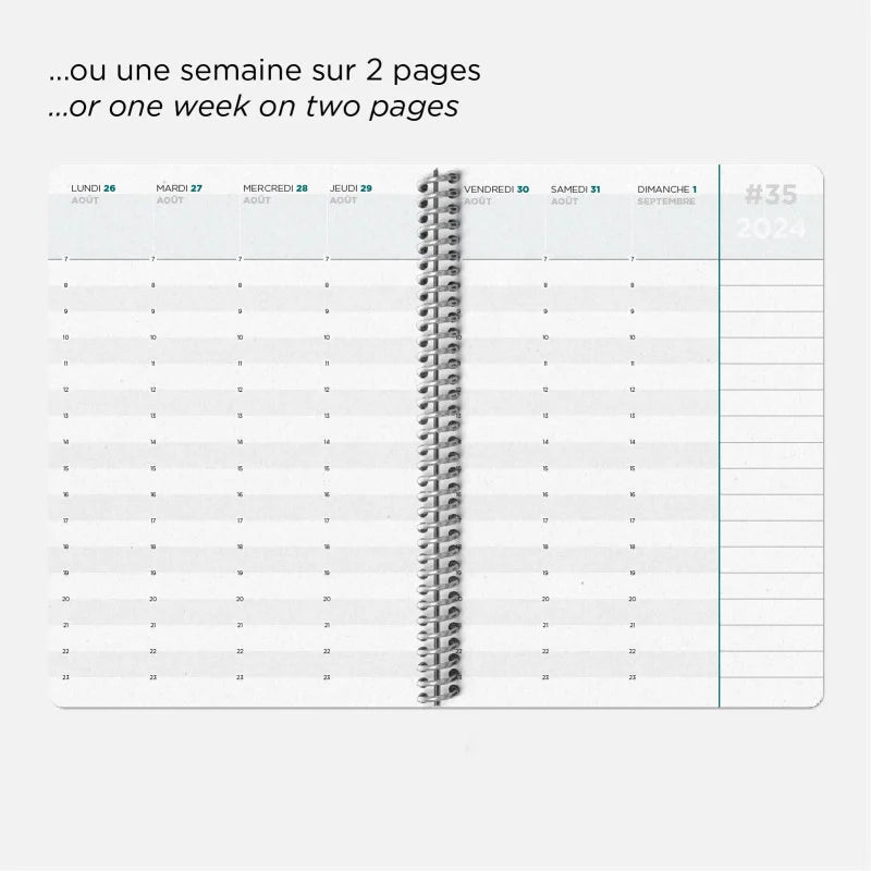 Vue hebdomadaire à l'intérieur de l'agenda A5 2024-2025 de Papier Tigre 