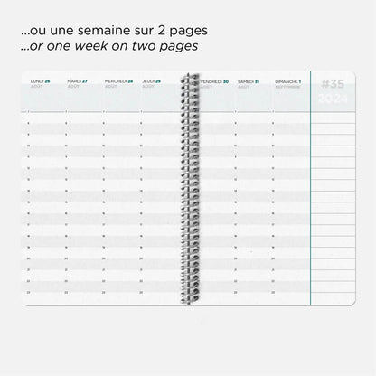 Vue hebdomadaire à l'intérieur de l'agenda A5 2024-2025 de Papier Tigre 