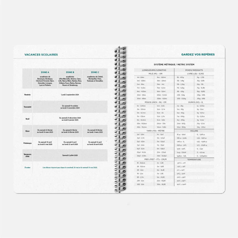 Tableau des vacances scolaires 2024-2025 à l'intérieur de l'agenda 2024-2025 Papier Tigre