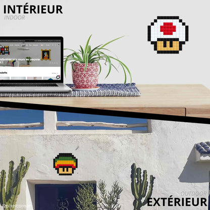 Exemples d'usage en intérieur et en extérieur des kit de pixel art de Pixel Corner