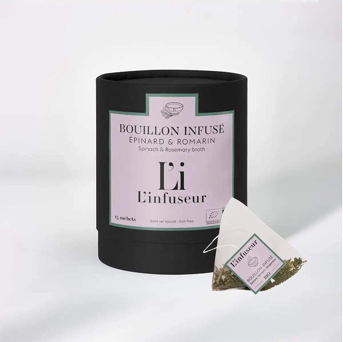 Boîte du bouillon bio épinard romarin de la maison l'Infuseur Paris 