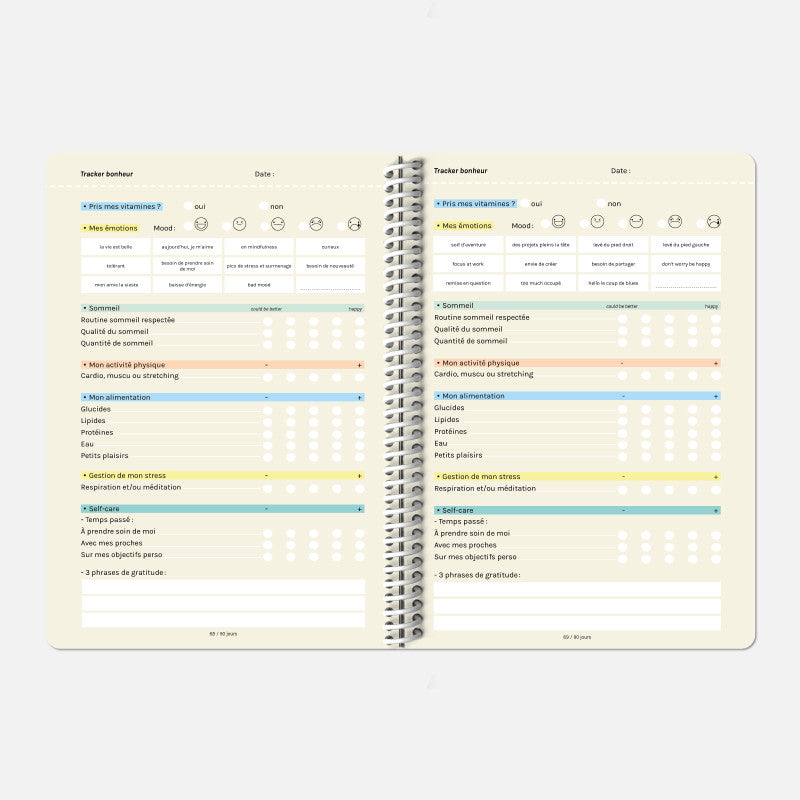 Vue des pages intérieur du carnet de développement personnel Feel Good