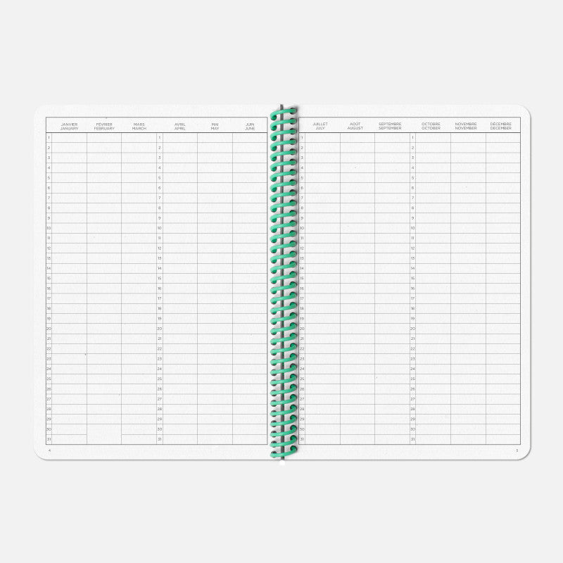 Calendrier avec une vue sur 12 mois dans le carnet de projet de Papier Tigre