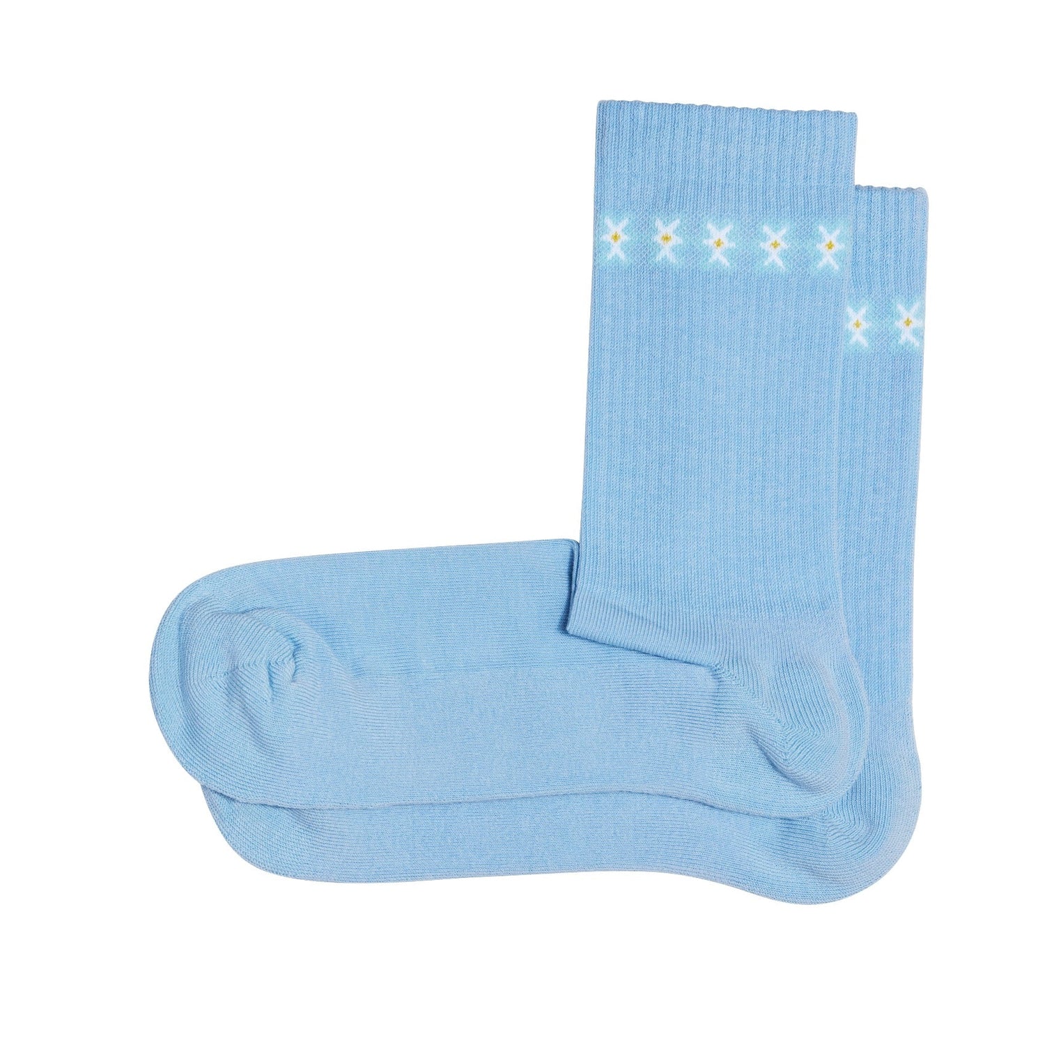 Chaussettes unisexes bleu ciel à motif de fleurs jaunes de la marque Pierre-Lou des Alpes