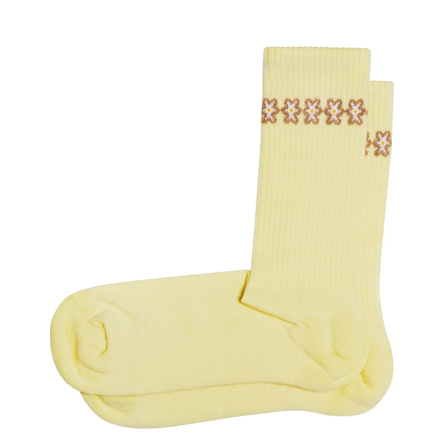 Paire de chaussettes à motif fleurs jaune pale fabriquées en France par Pierre Lou des Alpes
