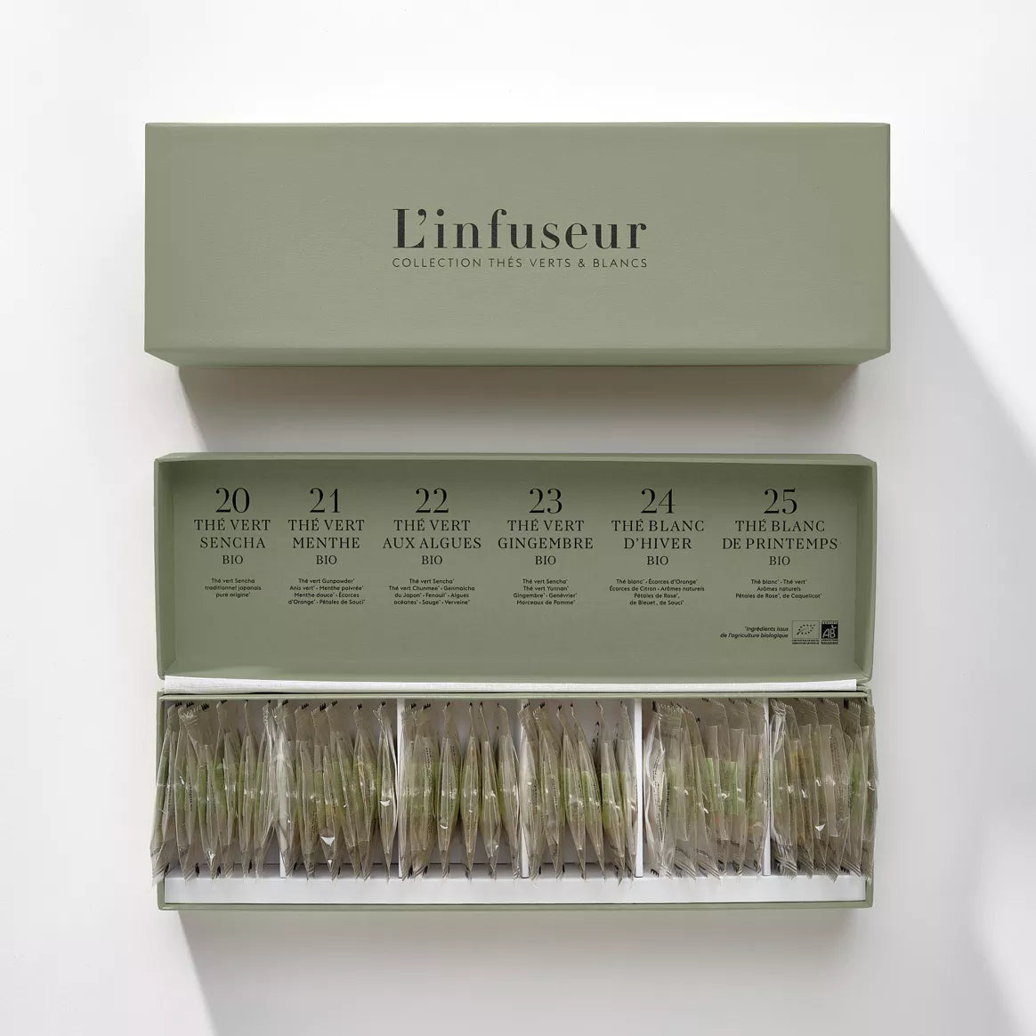 Coffret cadeau de Thés bio contenant 36 sachets de thés verts et thés blanc, signé  L'Infuseur Paris, ouvert, vu du dessus.