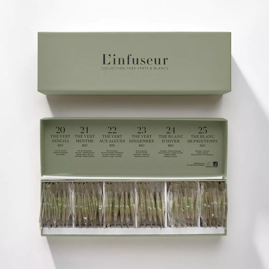 Coffret cadeau de 36 sachets de Thés bio de chez l'Infuseur, ouvert, vu du dessus