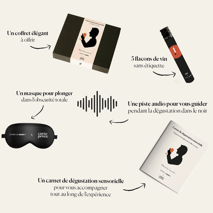 Coffet de dégustation à l'aveugle par Cuvée Privée : 5 flacons de vin, un masque pour les yeux et un guide dégustation du vin