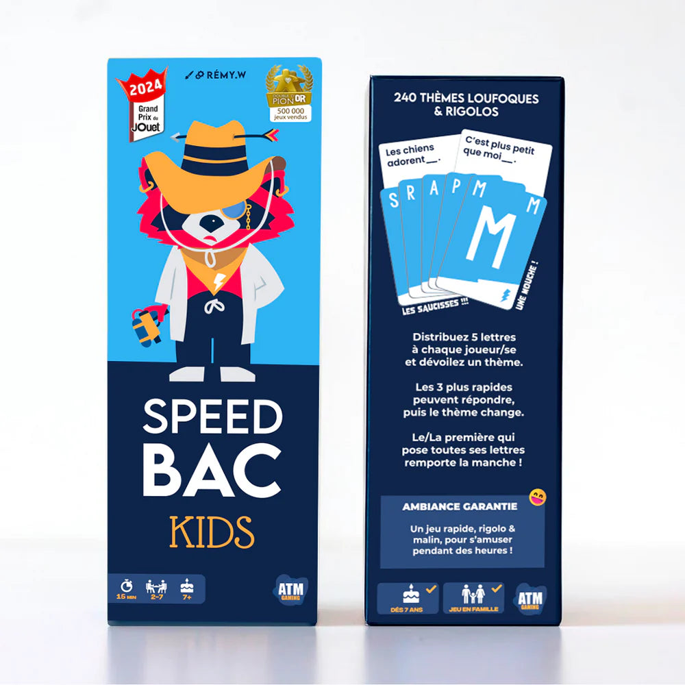 Boîte du jeu de cartes Speed Bac Enfant avec les règles du jeu.