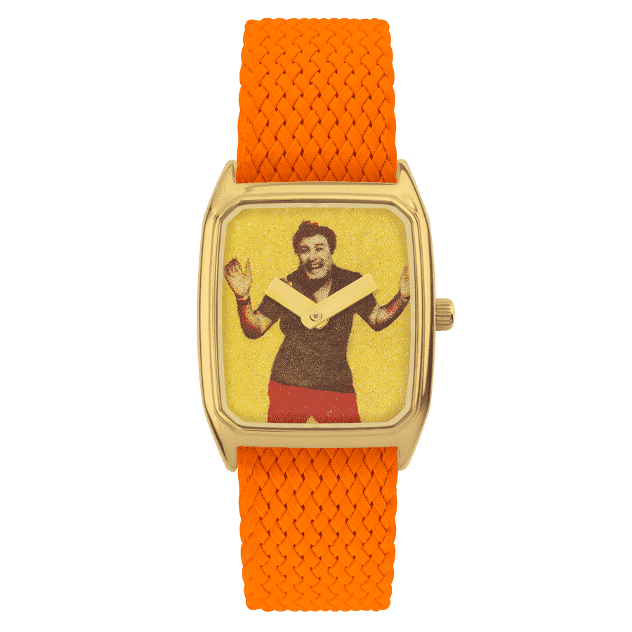 Gros plan de la Montre LAPS Signature Indian Style avec son Bracelet Perlon Orange