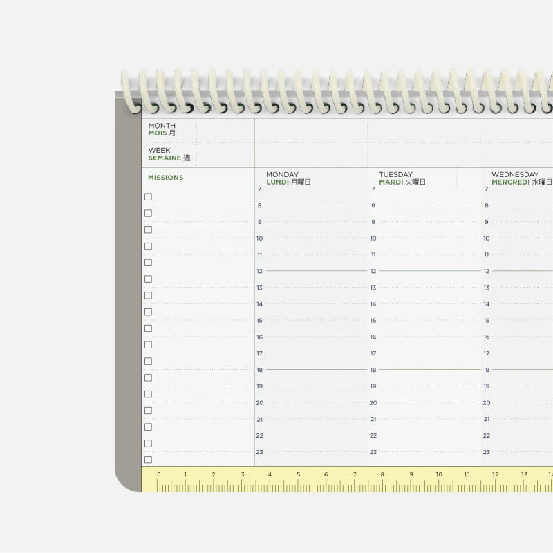 Intérieur du planning hebdomadaire Papier Tigre montrant des pages non datées avec une amplitude horaire de 7h à 23h