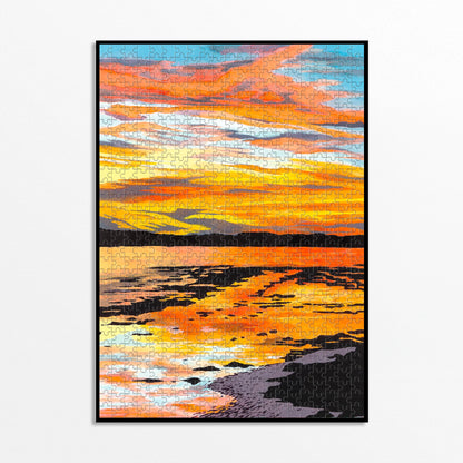Puzzle Golden Hour de Piece and Love assemble et encadré sur un fond blanc