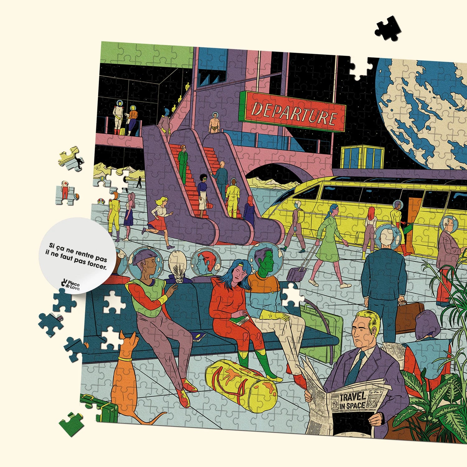 Puzzle 1000 pieces par Simon Bailly et Piece and Love représentant une gare pour les voyages interplanétaires