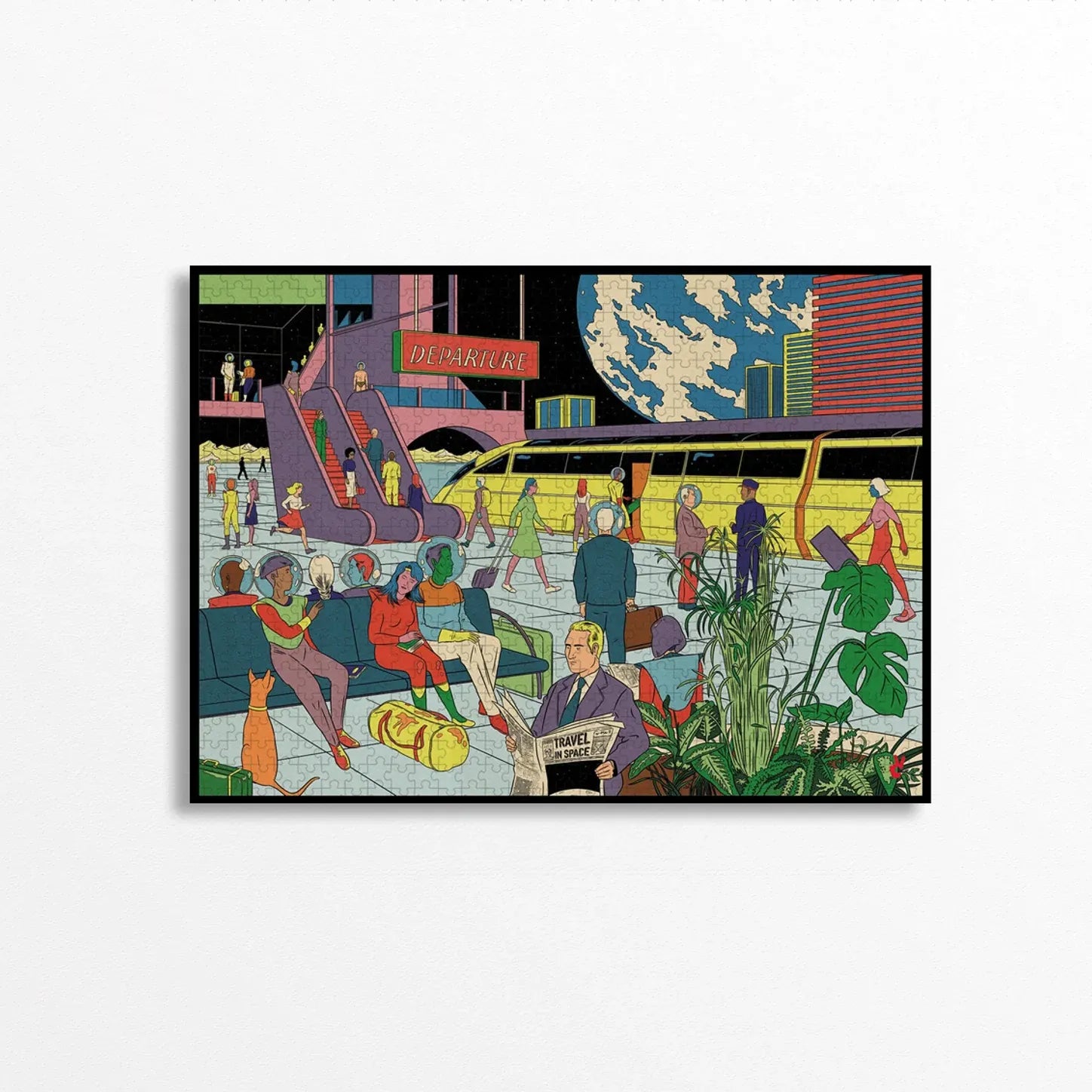 Puzzle "Station" par Piece and Love terminé représentant une aérogare pour voyages interplanétaires, une illustration de Simon Bailly 