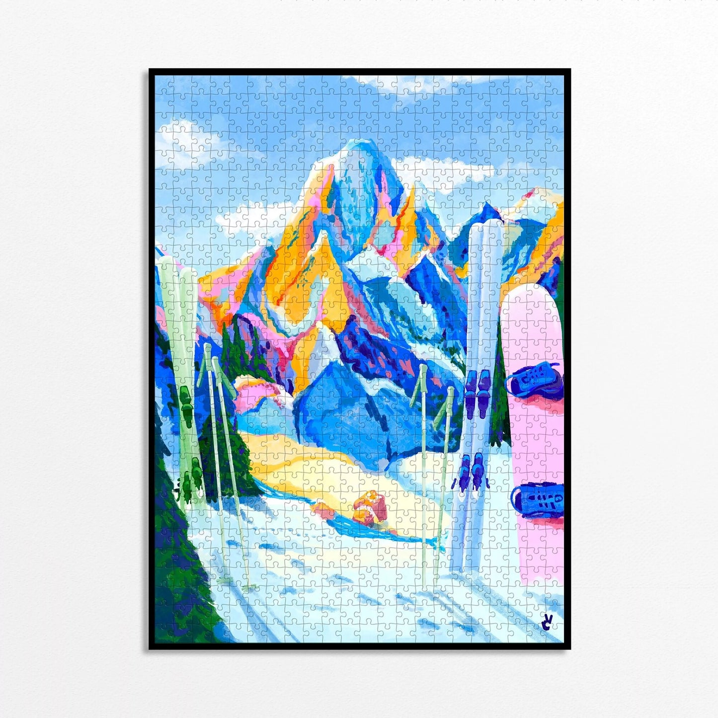 Puzzle Piece and Love Snow must go on représentant une montagne eneigée, des sapins et des ski et snowboard plantés dans la neige