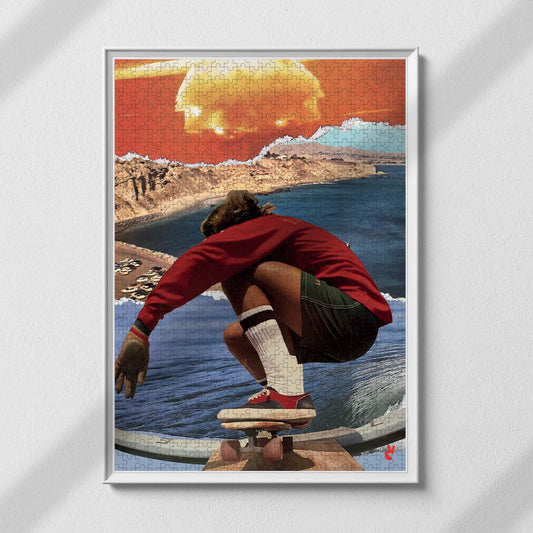 Puzzle Piece and Love 1000 pièces représentant un collage d'une jeune fille faisant du skate board sur la côte californienne